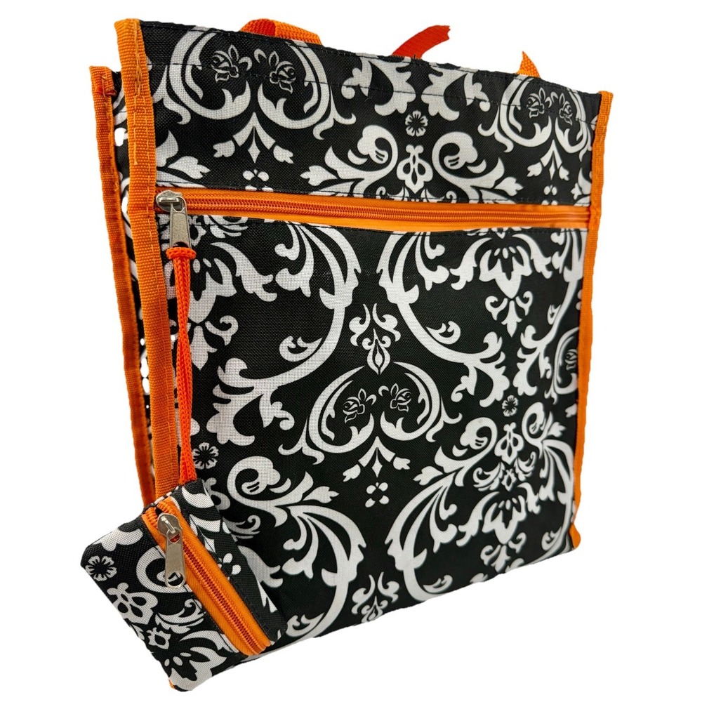 Black White‎ Damask Tote Bag Orange Trim Interior + Matching Coin Purse EUC